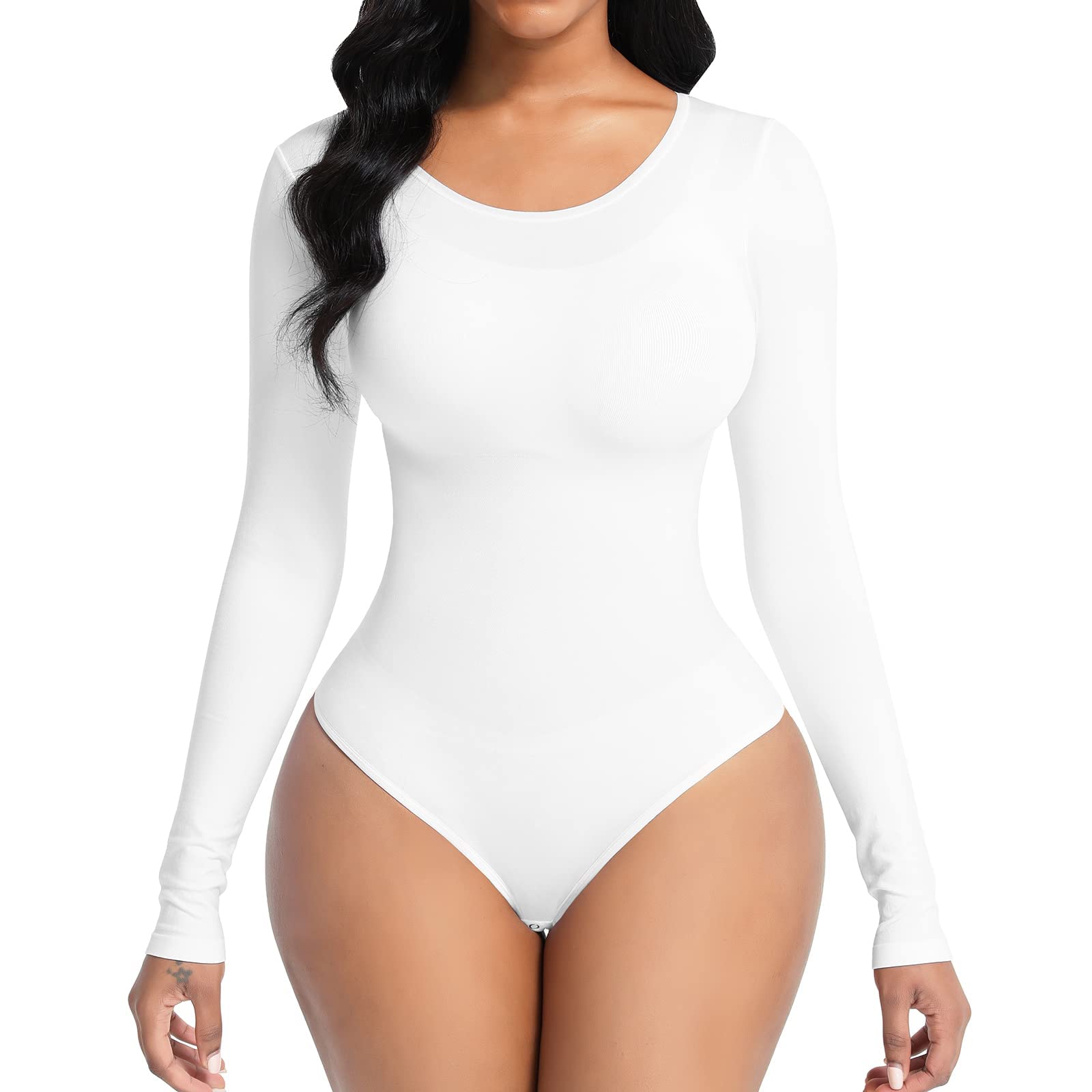 Bodysuit for Women - Long Sleeve Crew Neck Thong Tops