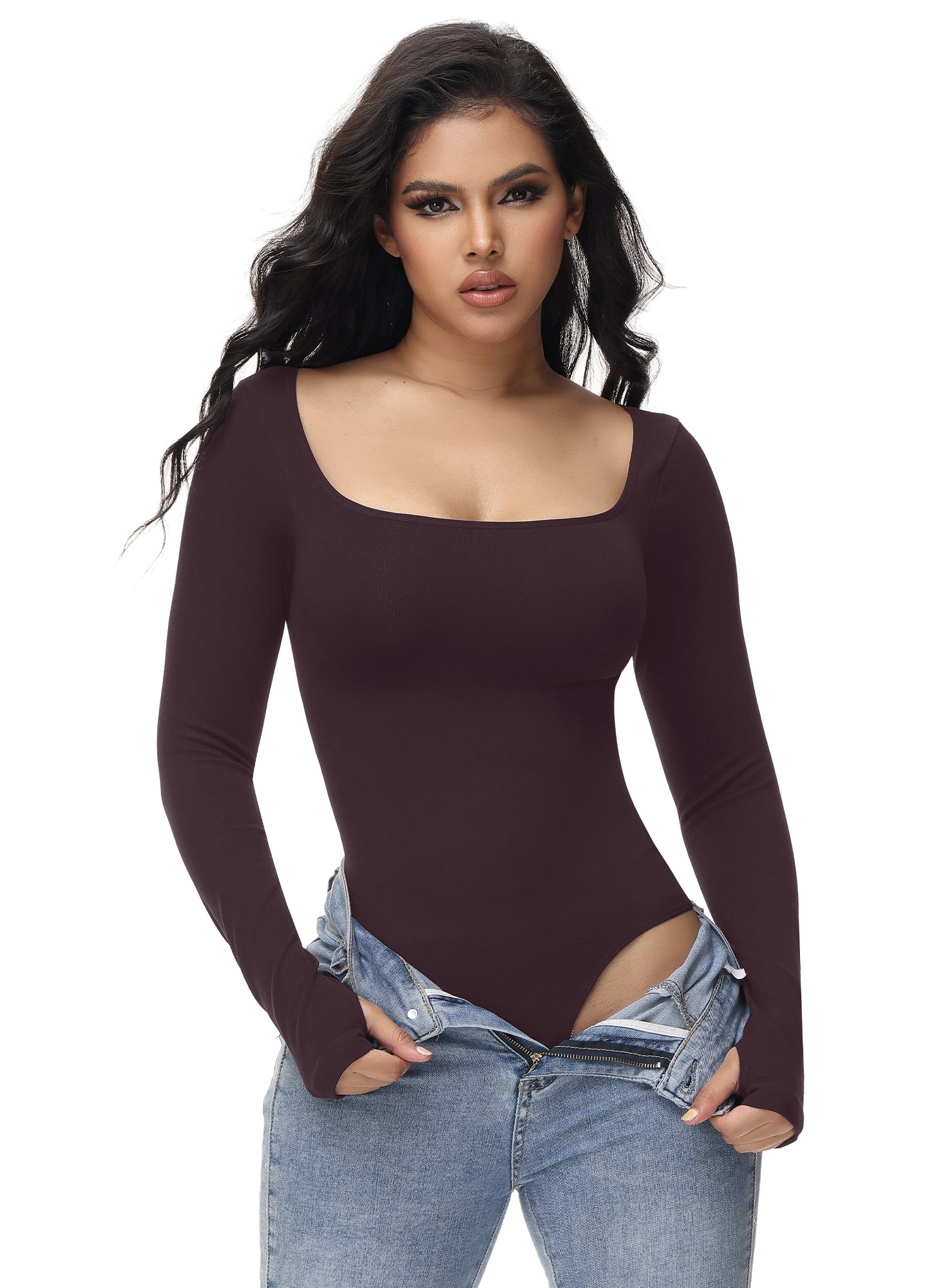 Seamless Bodysuit for Women -  Mock Neck Long Sleeve Thong Bodysuit